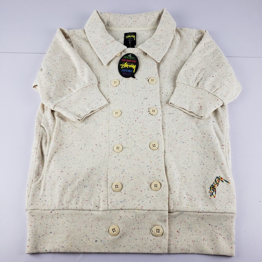 Stussy Cardigan Sweater Button Down Cream Confetti Womens Small Short Sleeve NWT